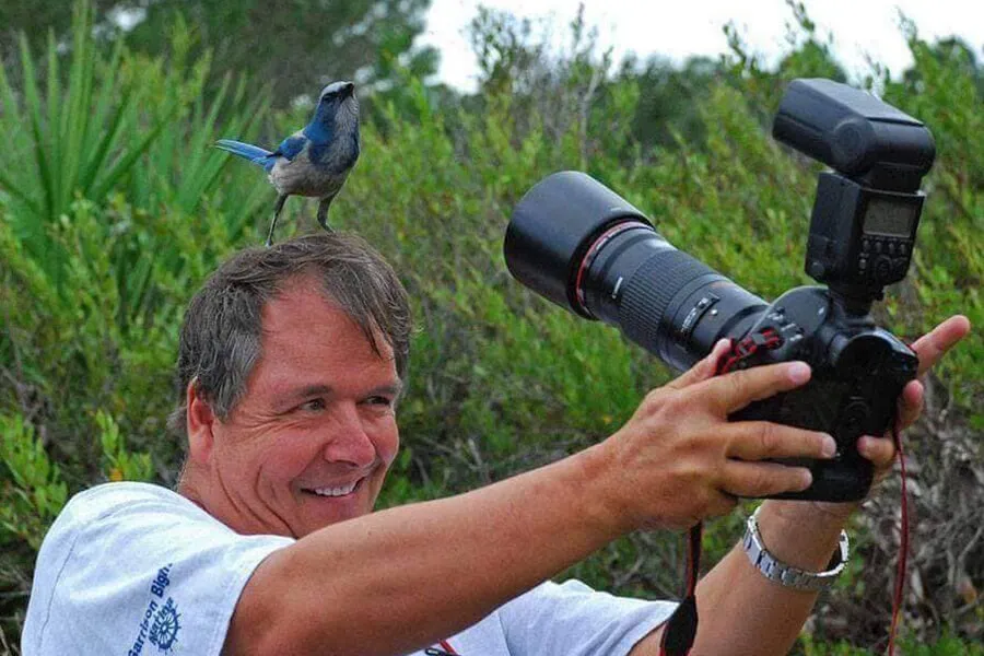 bird on photographers head