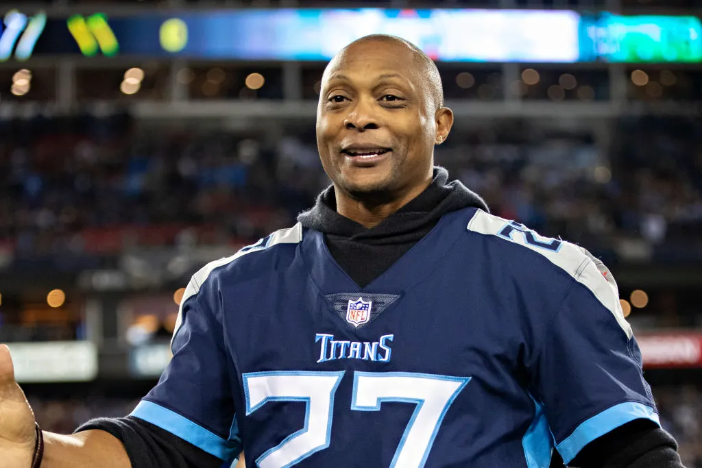 Eddie George, former member of the Tennessee Titans, on the field before a game against the Indianapolis Colts 