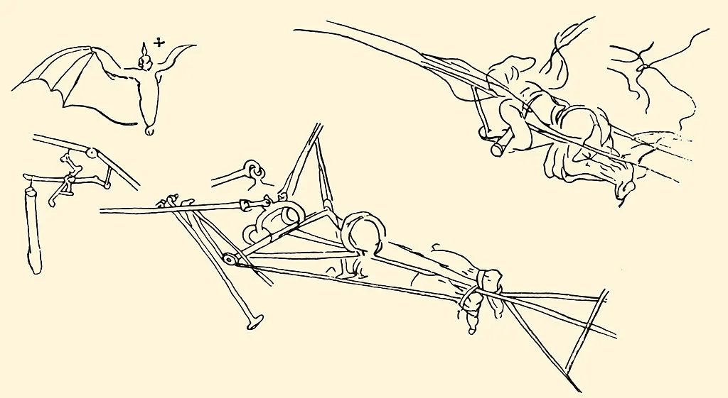 Flying Machines - from drawing by Leonardo da Vinci (French title: L'Homme volant/ Flying Man). 
