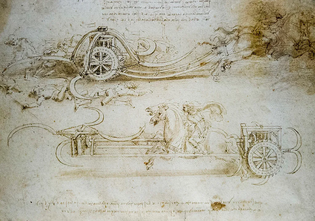 Detail of a drawing with war equipment on display in the 'Leonardo da Vinci, L'Uomo Universale'