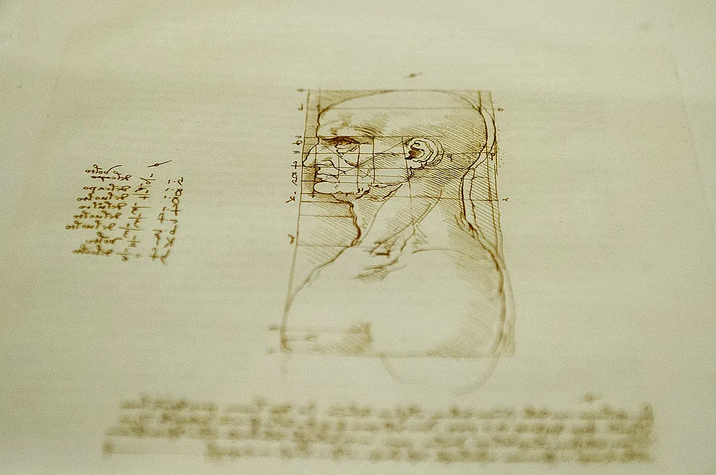 Detail of a drawing on display in the 'Leonardo da Vinci, L'Uomo Universale' (Leonardo da Vinci, Universal Man') exhibition 