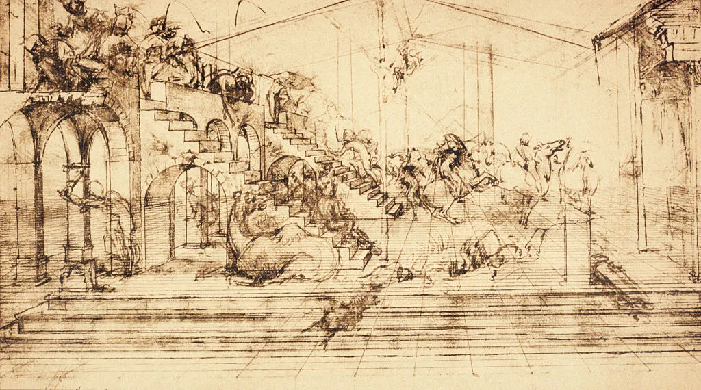 This drawing is a perspective study for Adoration of the Magi, an unfinished work by Leonardo da Vinci.