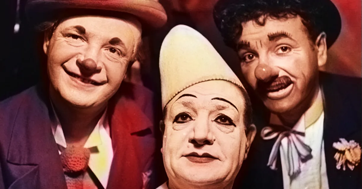 three clowns in colorized photo