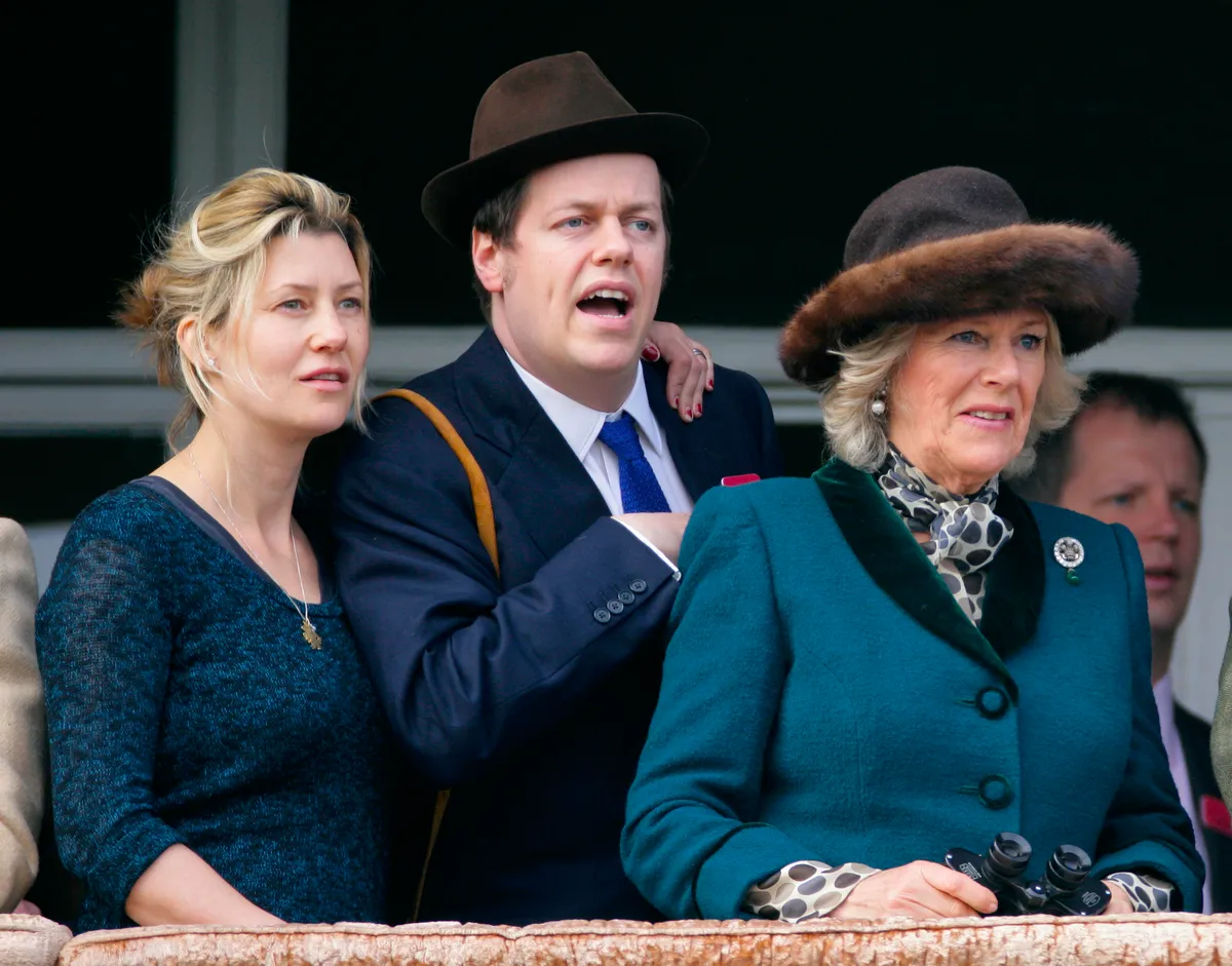 Sara Buys, her husband Tom Parker Bowles and Tom's mother Camilla, Duchess of Cornwall watch the racing on day 2 'Ladies Day' of the Cheltenham Horse Racing Festival on March 14, 2012 in Cheltenham, England.