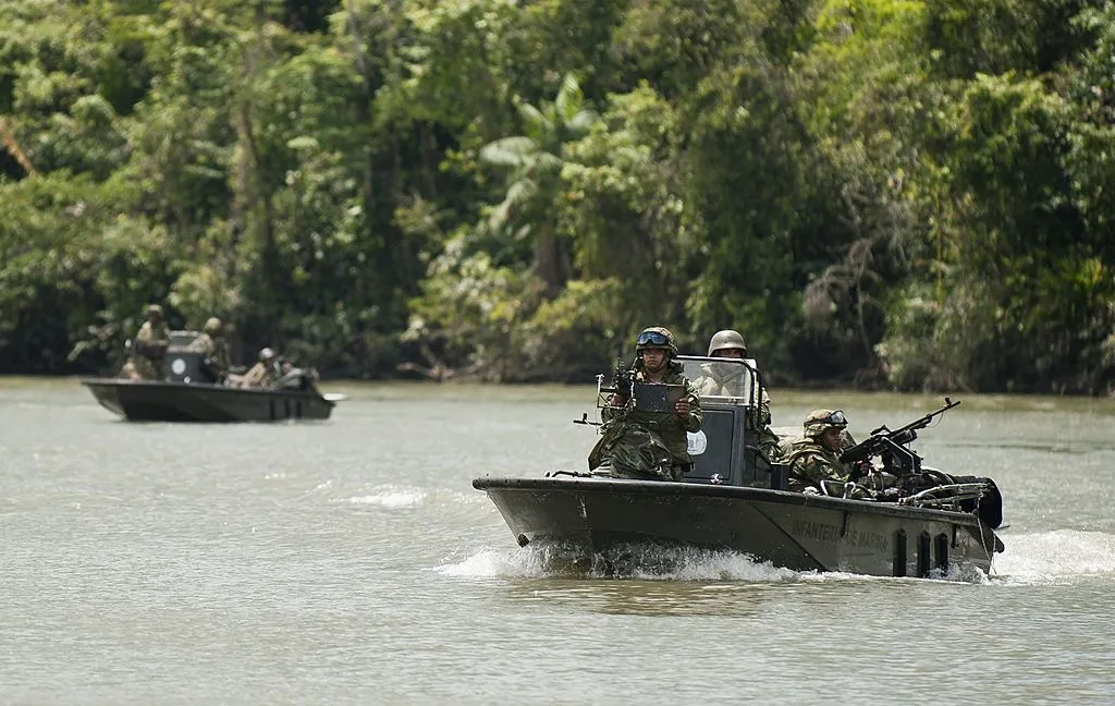 a patrol boat of fluvial combat-- during a drill of combat on the Guapi river, in a rural area of Guapi, deparment of Cauca, Colombia