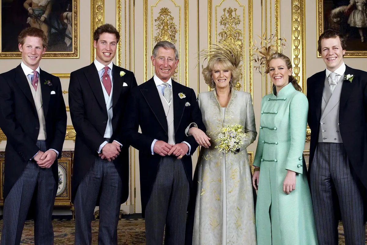 rince Charles, the Prince of Wales and his new bride Camilla, Duchess of Cornwall, with their children Prince Harry, Prince William, Tom and Laura Parker-Bowles, in the White Drawing Room at Windsor Castle.