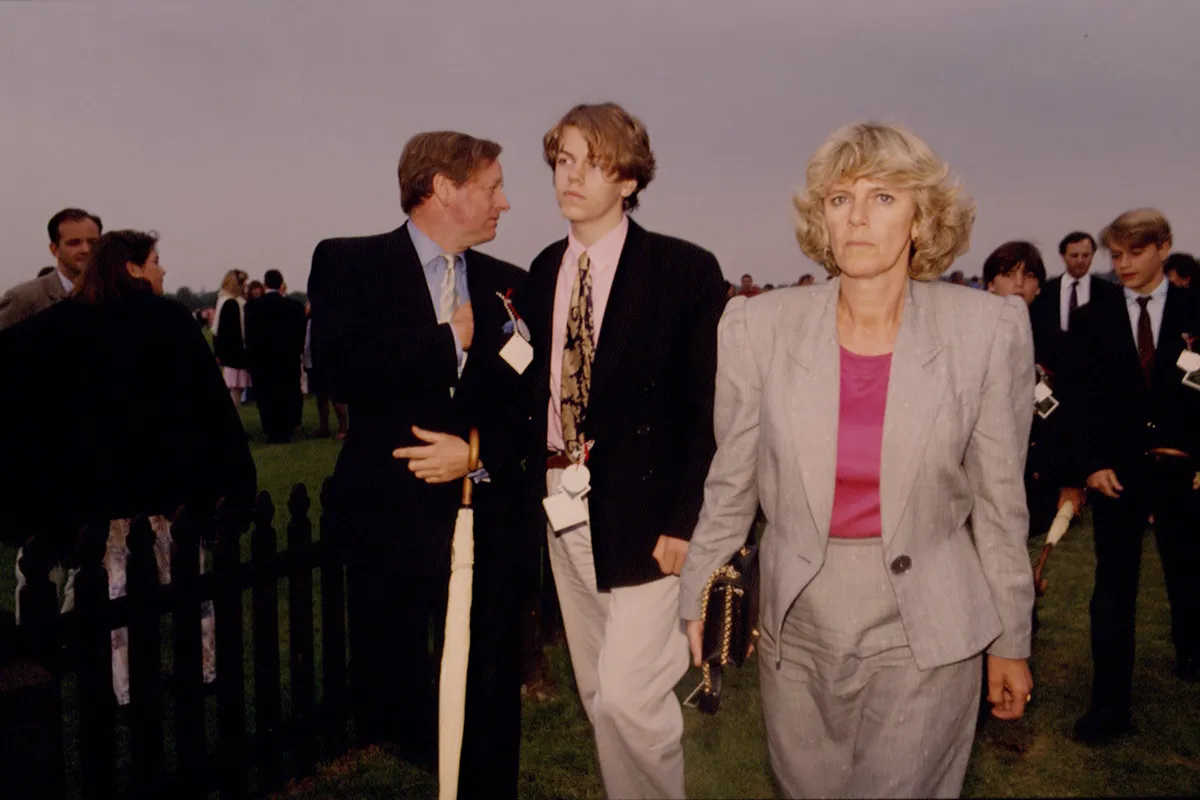 Andrew and Camilla Parker Bowles with their son Tom Parker Bowles attend the Queen's Cup polo match at Windsor, 7th June 1992.