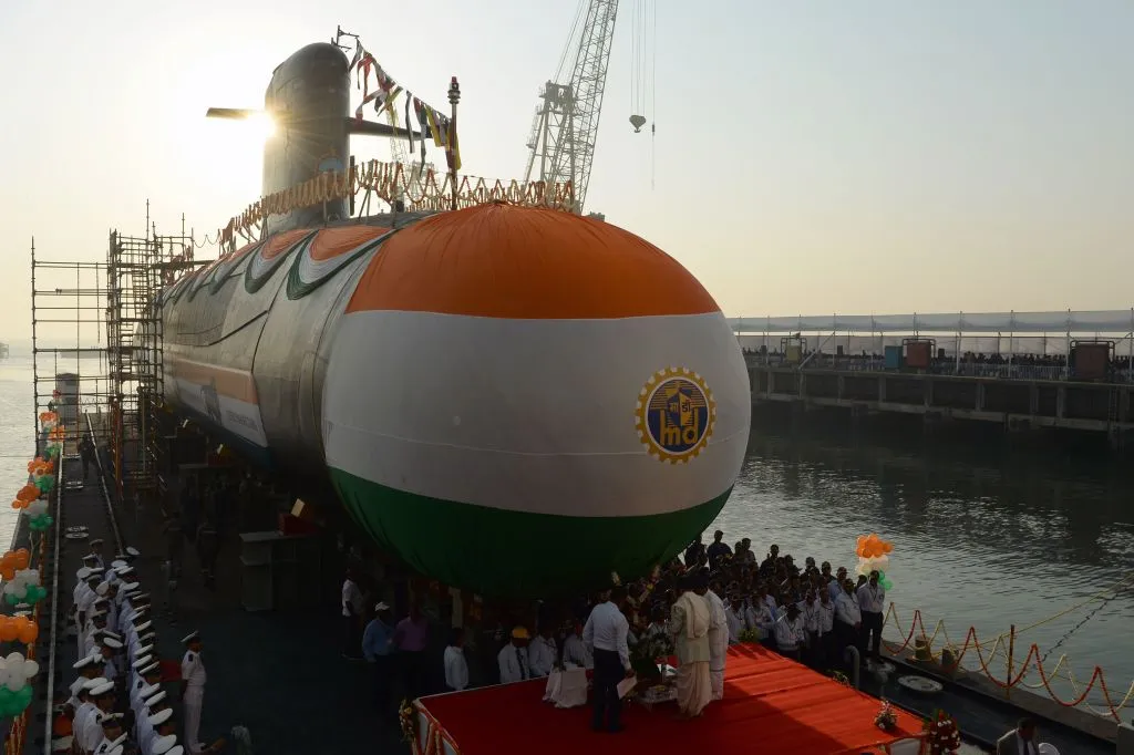 The Indian Navy 's third Scorpene-class submarine 'Karanj' is pictured at its launch ceremony