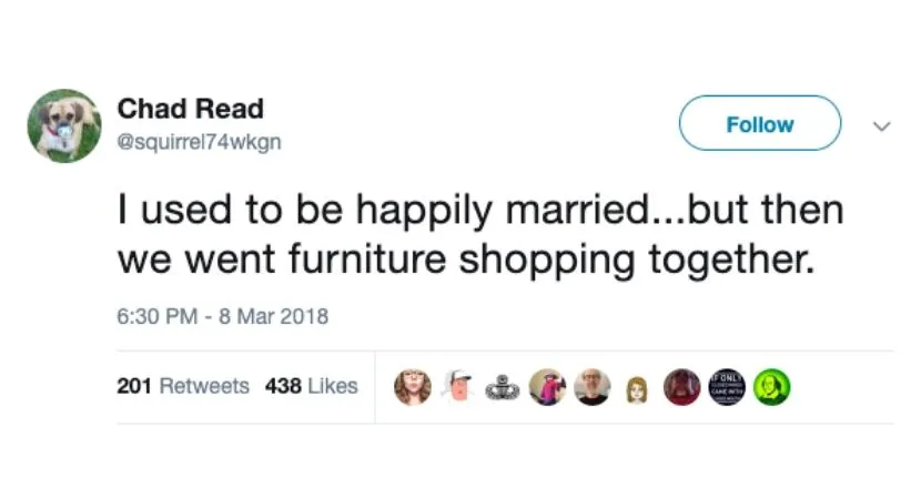 furniture shopping tweet about marriage