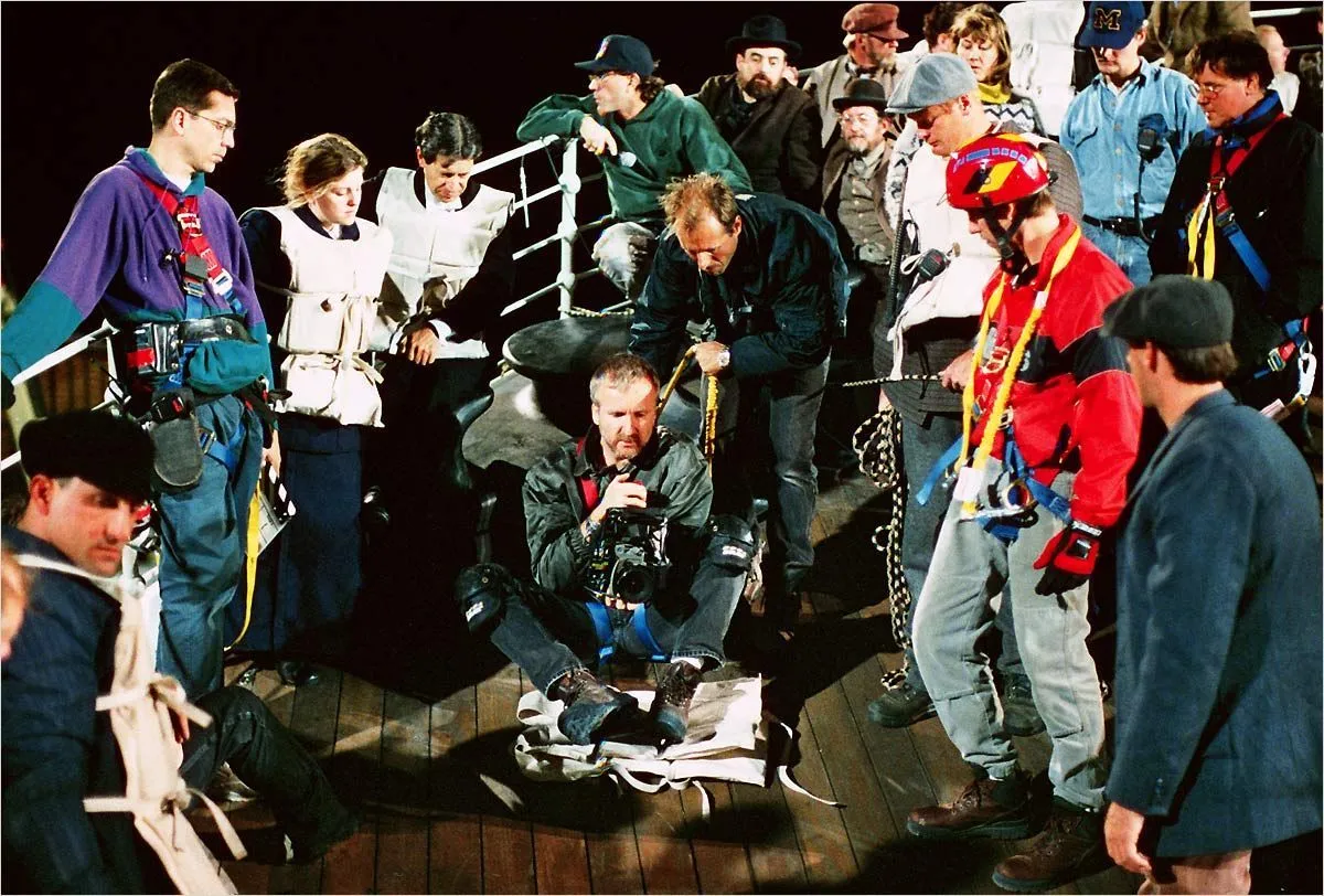 James Cameron directing his actors in the sinking ship scene