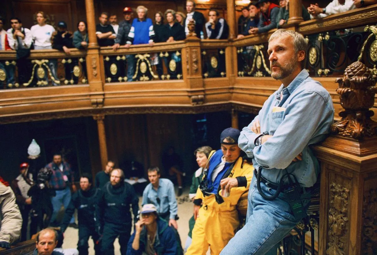 Director James Cameron and crew filming on the grand staircase