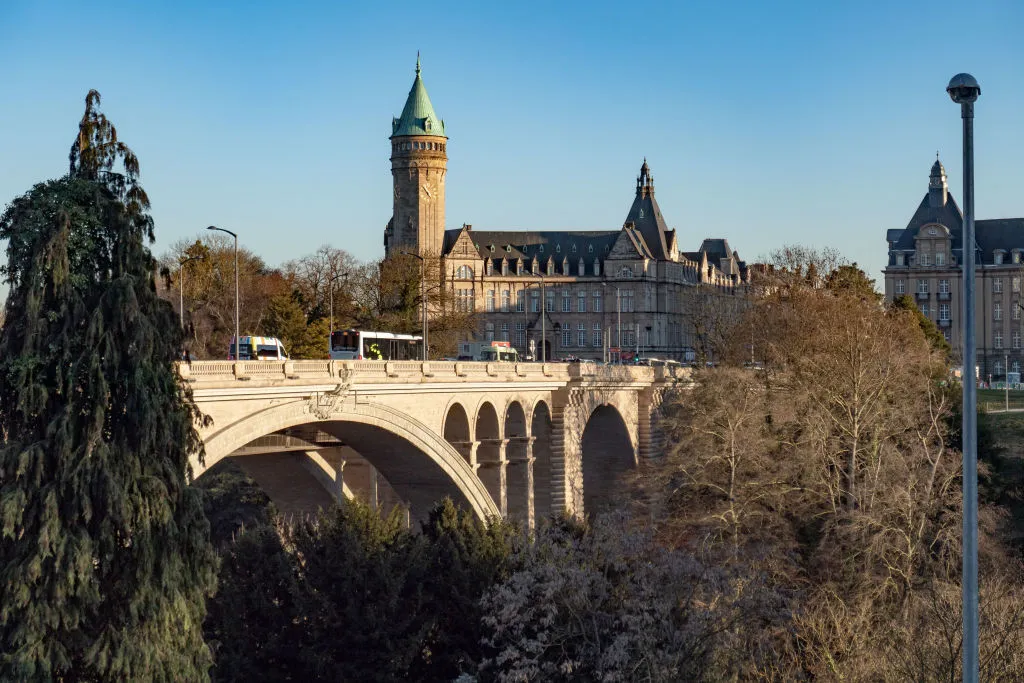 GettyImages-1125786777 Adolphe Bridge or officially Pont Adolphe bridge in Luxembourg City, a double decker bridge with the upper for cars, buses, tram and pedestrians and the lower hanging passageway for pedestrians. 