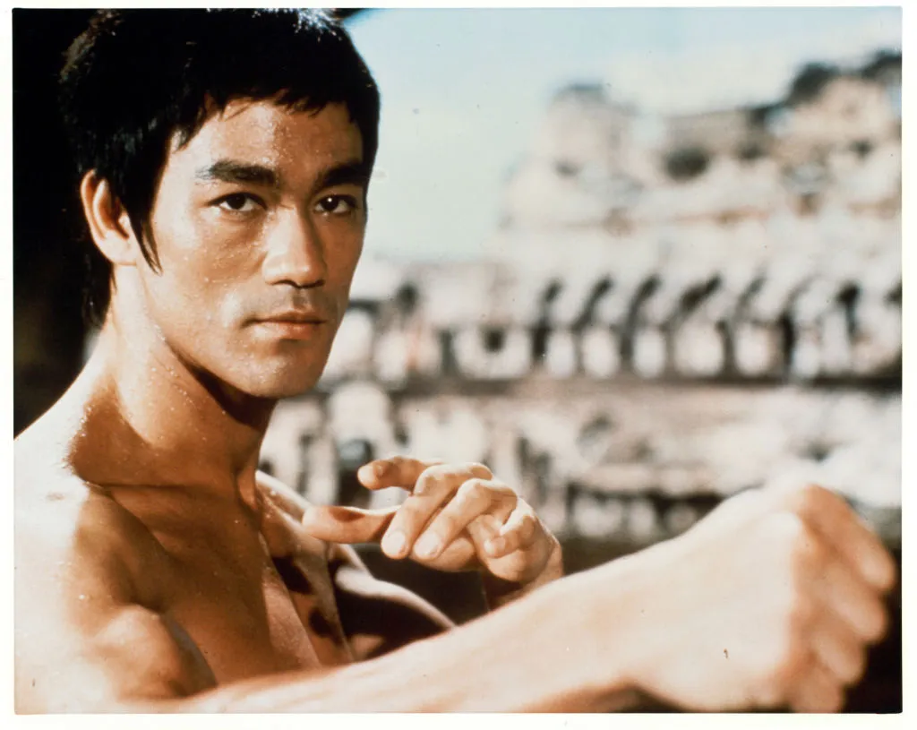 Bruce Lee in a martial arts position in a scene from the film 'Enter The Dragon'-159816248