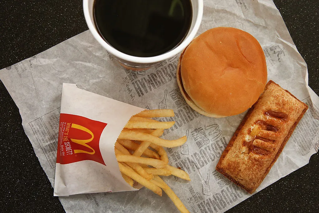 fries, coffee, burger, and pie from mcdonalds