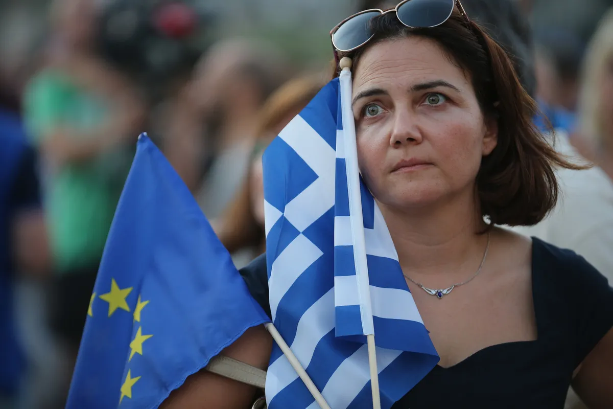 Pro-european greeks converge on Syntagma Square to show their support for the euro on July 9, 2015 in Athens, Greece.