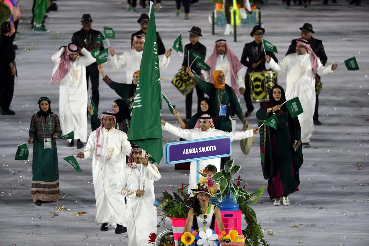 Flag bearer Sulaiman Hamad of Saudi Arabia leads his team during the Opening Ceremony of the Rio 2016 Olympic Games at Maracana Stadium on August 5, 2016 in Rio de Janeiro, Brazil. 