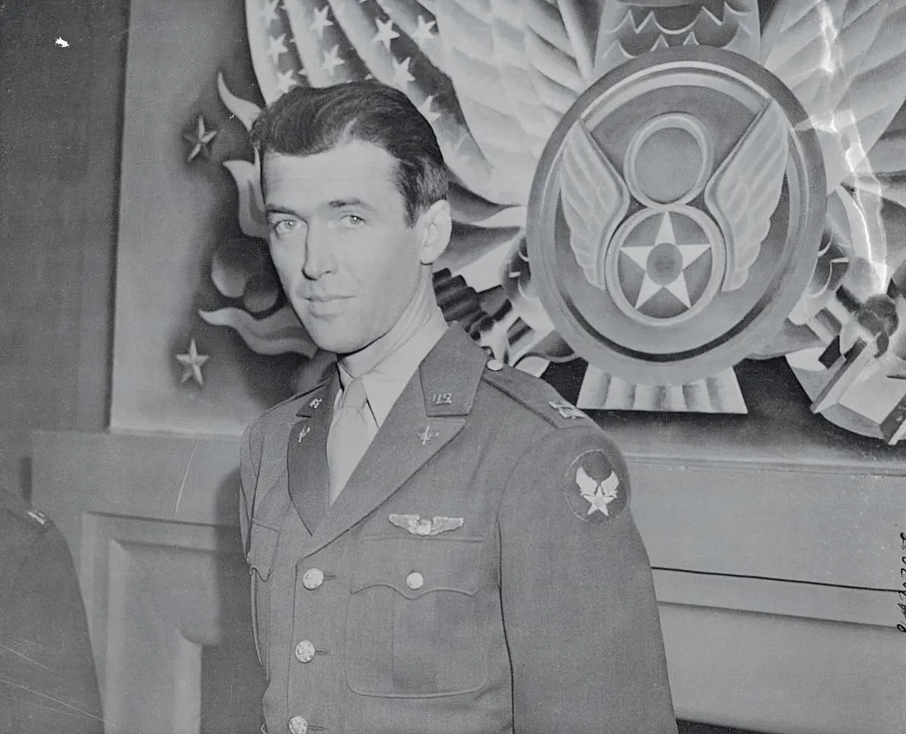 Captain James Stewart has changed his occupation from making feminine hearts throb to making bomber motors roar over occupied territory. 