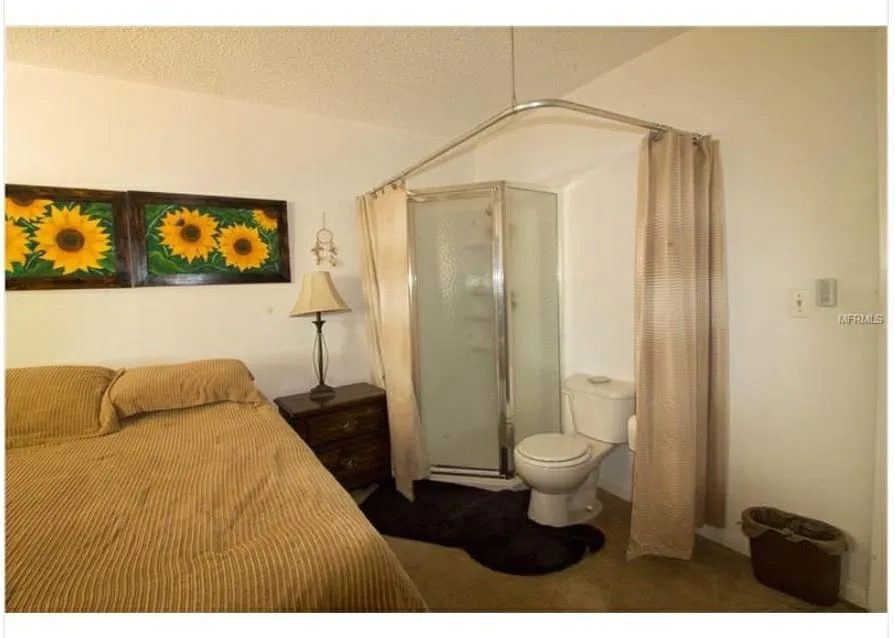 bathroom in the bedroom separated by one curtain