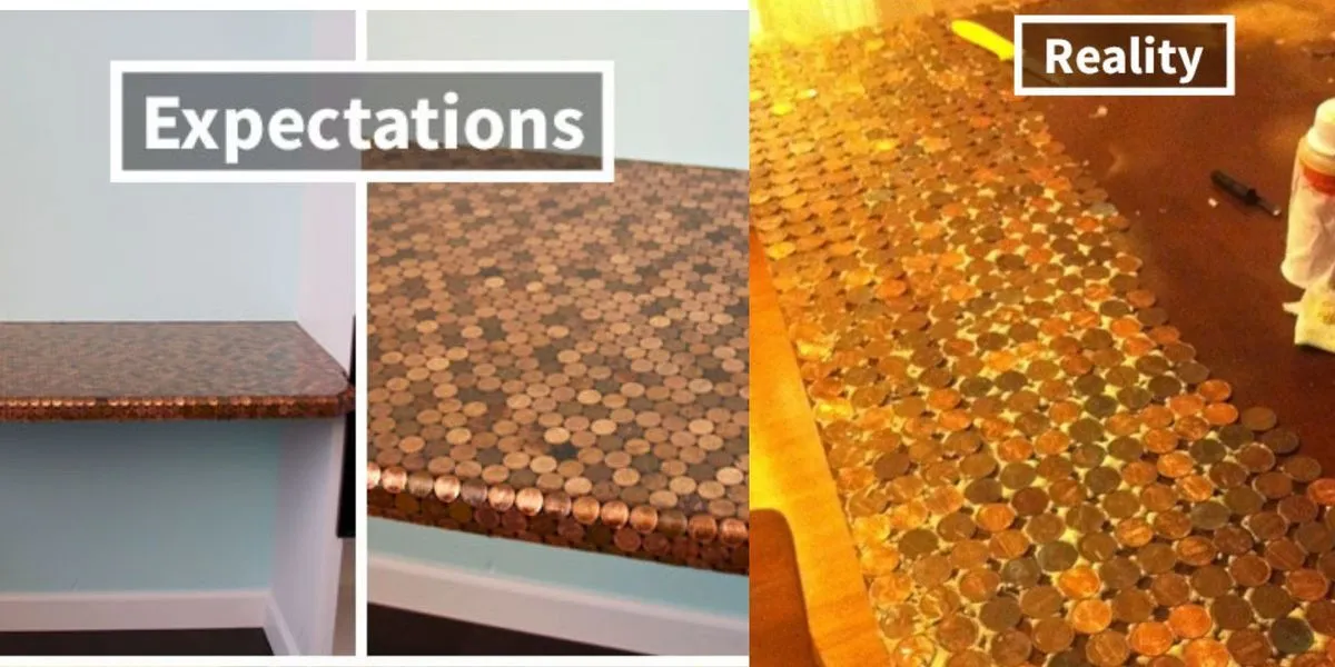 table covered in pennies DIY fail