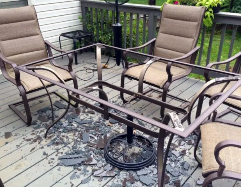 shattered table from mini BBQ