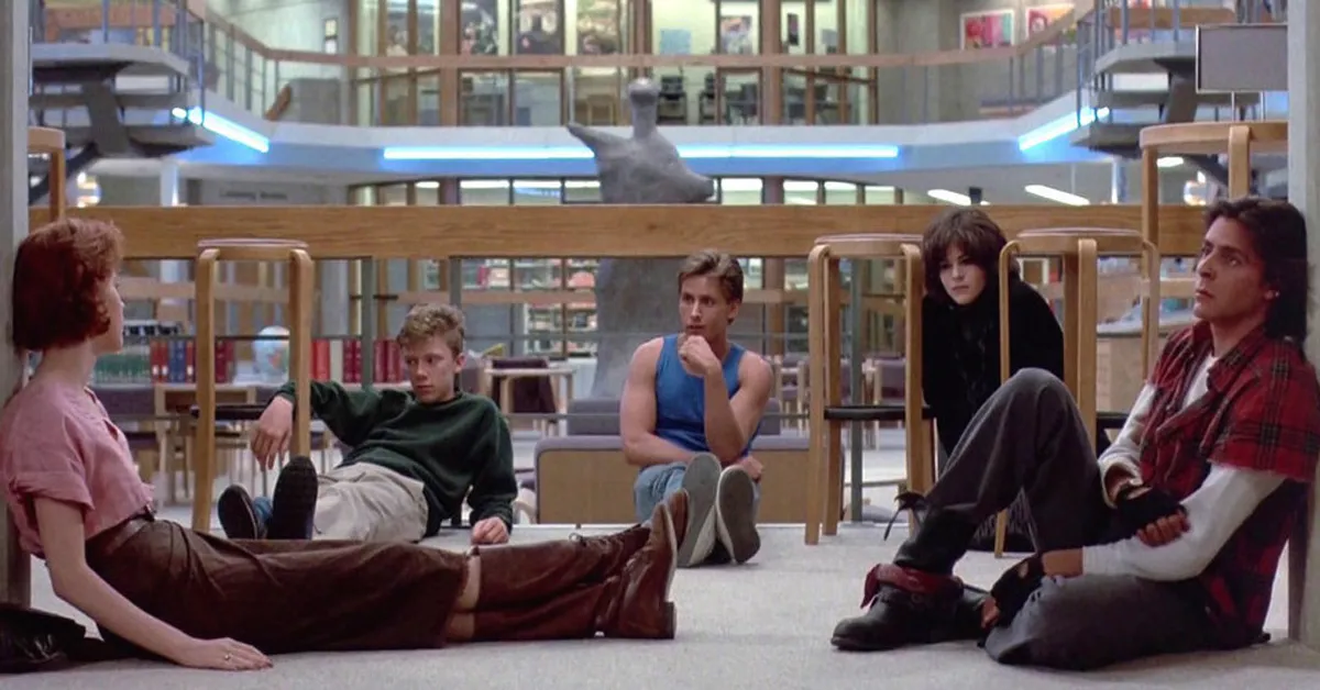 molly ringwald, anthony michael hall, emilio estevez, ally sheedy, and judd nelson in the library in the breakfast club