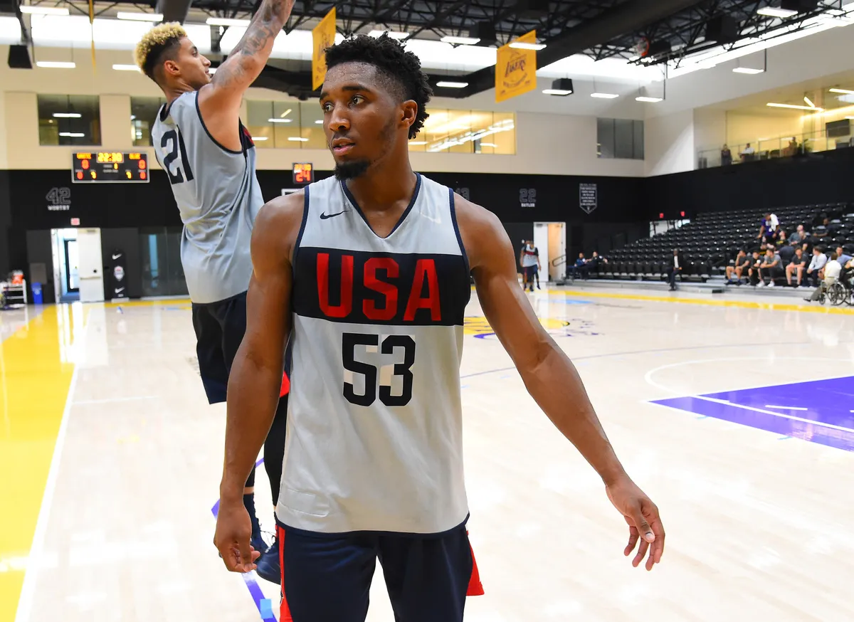 Donovan Mitchell #53 looks on during the 2019 USA Men's National Team World Cup
