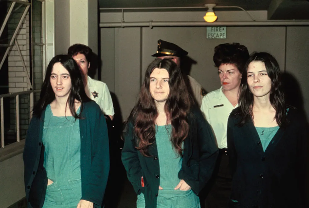 Manson family members and murder suspects Susan Atkins, Patricia Krenwinkle, and Leslie van Houton.