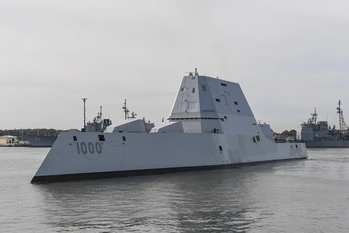 The guided-missile destroyer USS Zumwalt (DDG 1000) in the Naval Station Mayport 