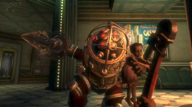 Big Daddy, an antagonist from bioshock, attacks the main character