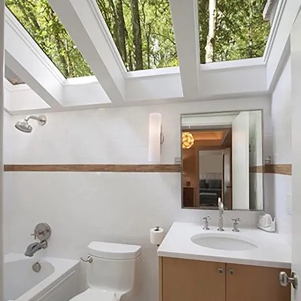Ceiling windows allow a view of tree canopies above a well-equipped bathroom
