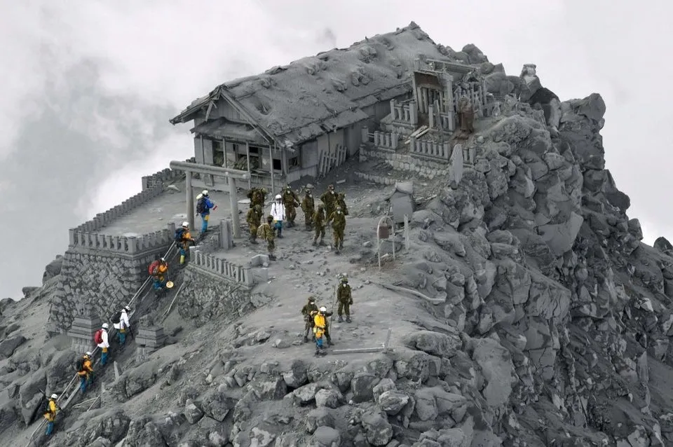 temple covered in ash after eruption