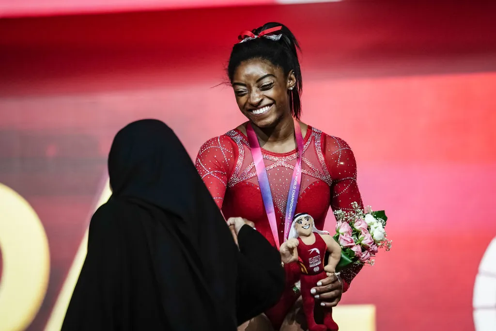 simone biles on the medal stand