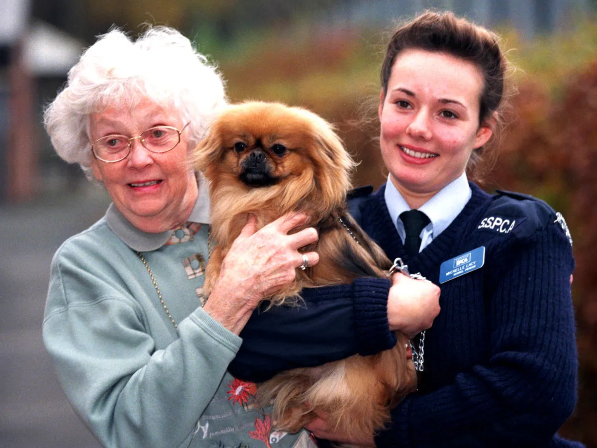 Two women hold up Gizmo, a three-year-old Tibetan Spaniel