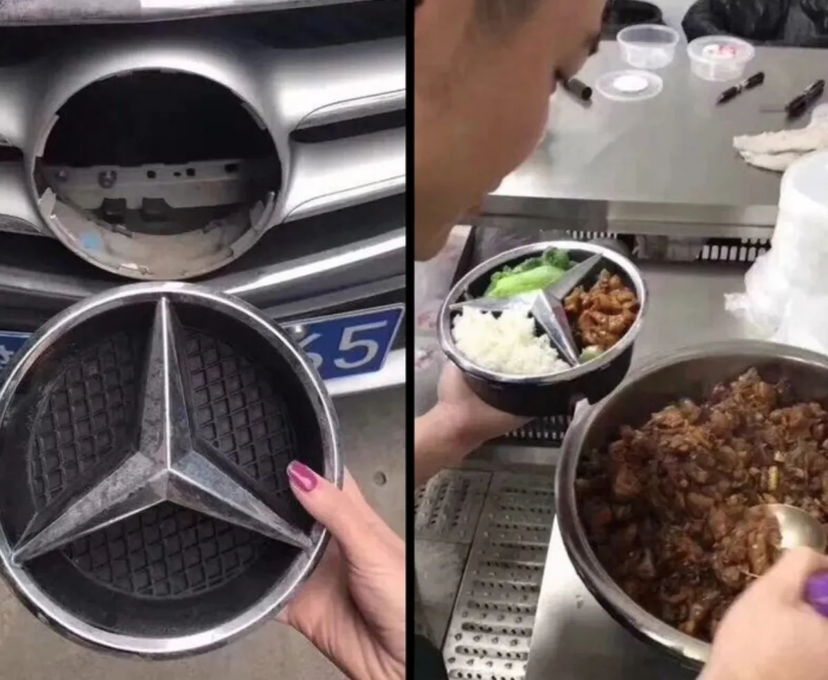 person uses mercedes symbol from car as a three-compartment bowl