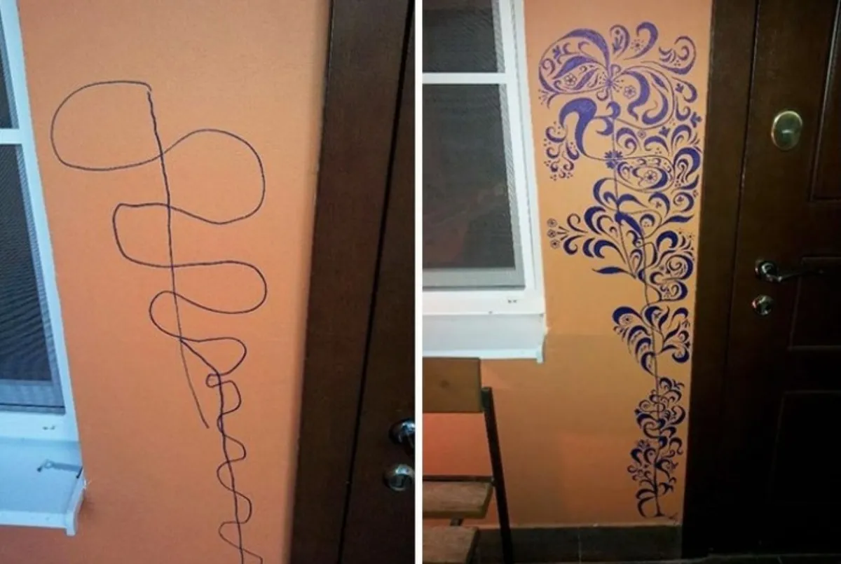 mom turns child's wall scribble into art