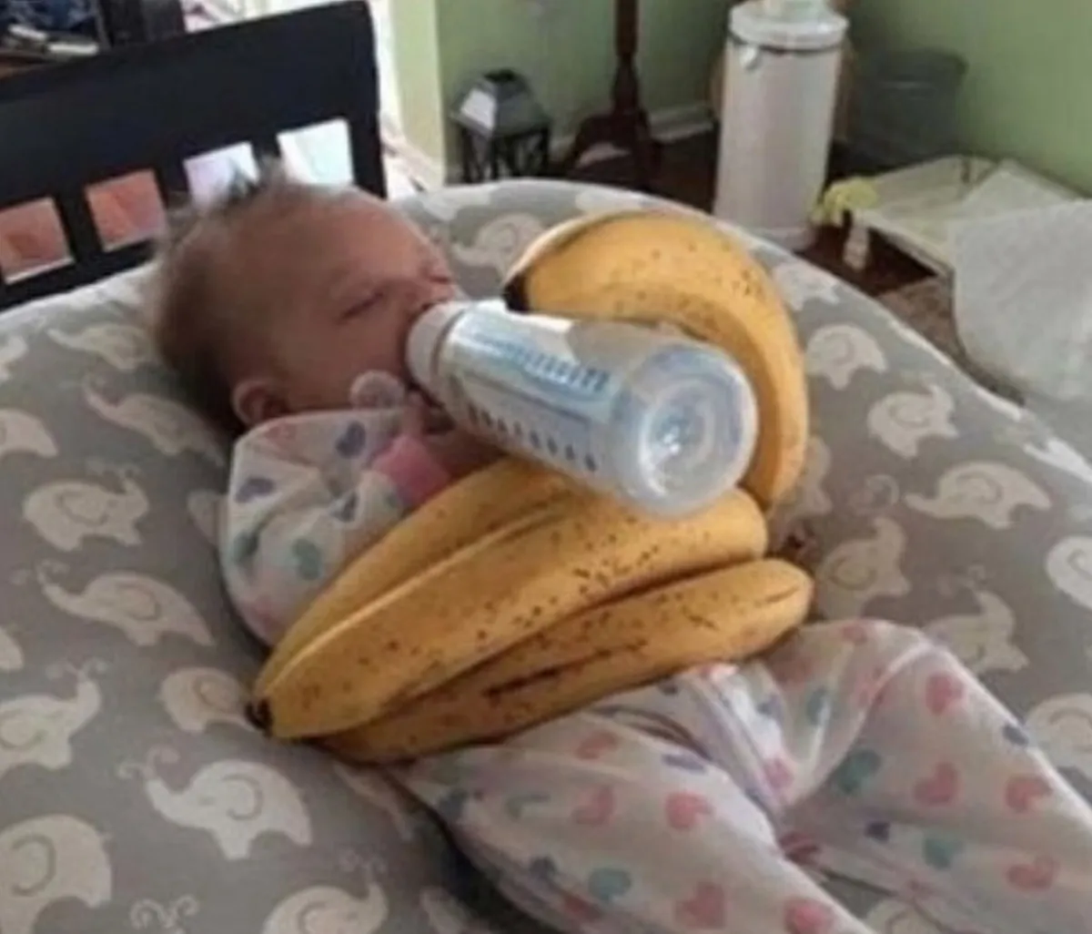 parent uses bunch of bananas to prop up baby's bottle