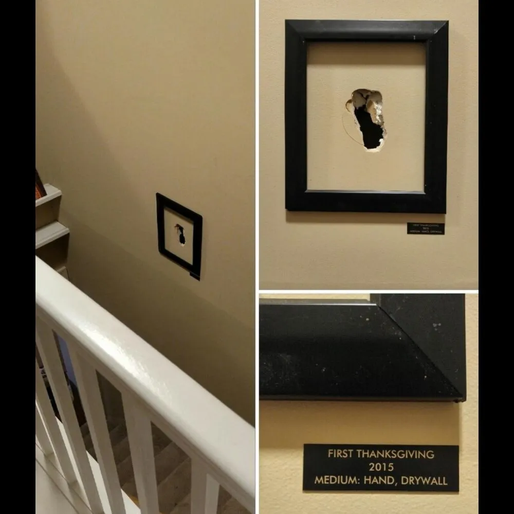 person frames hole in wall and titles it like an art piece