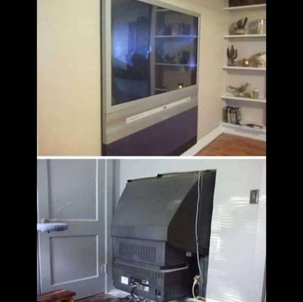 person pretends they have a flatscreen by pushing front of tv through a wall