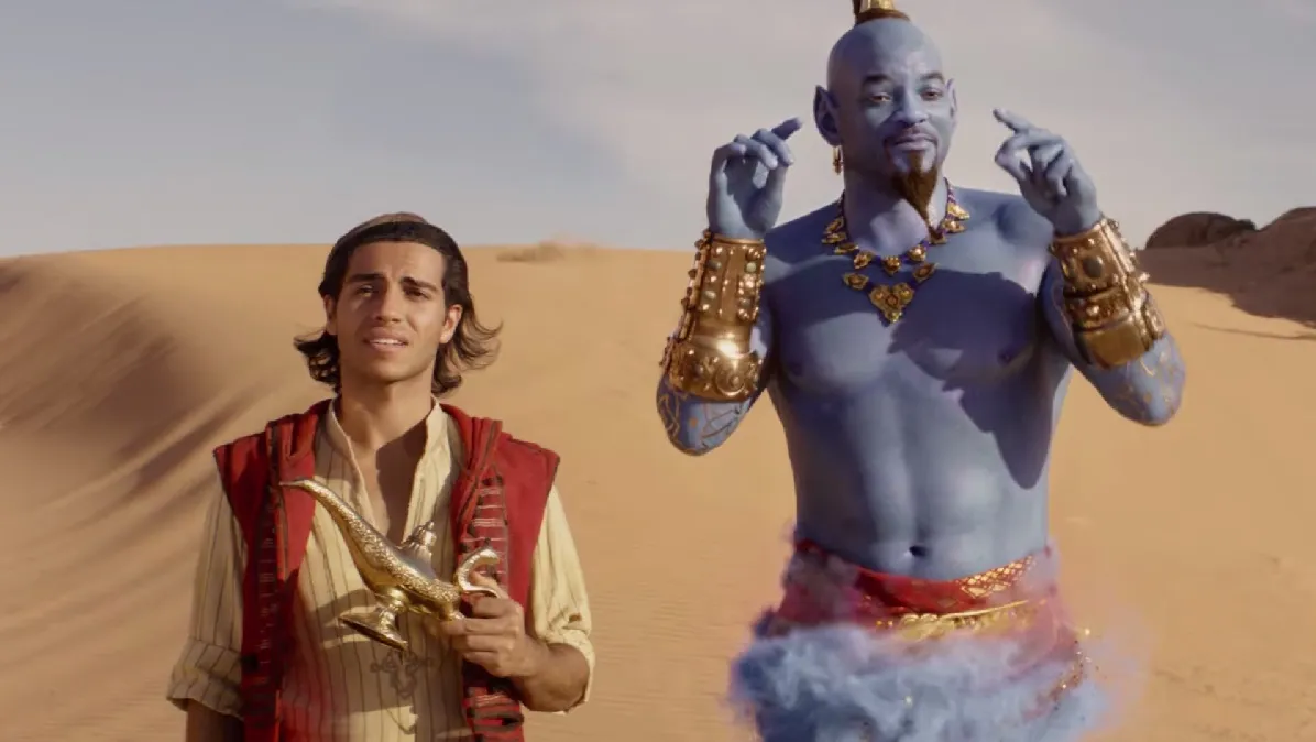 Will Smith dressed as the genie and Mena Massoud in Aladdin (2019)