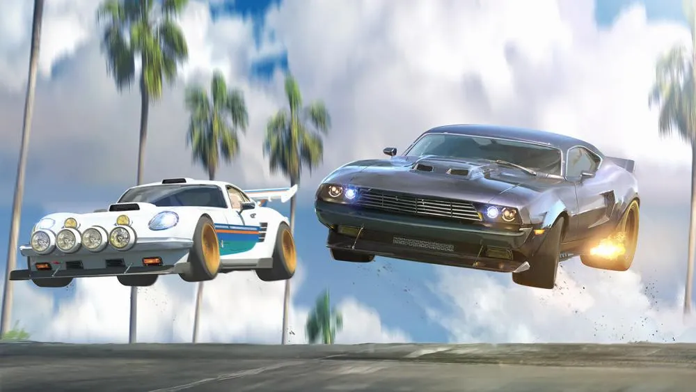 Two animated race cars are suspended in the air.