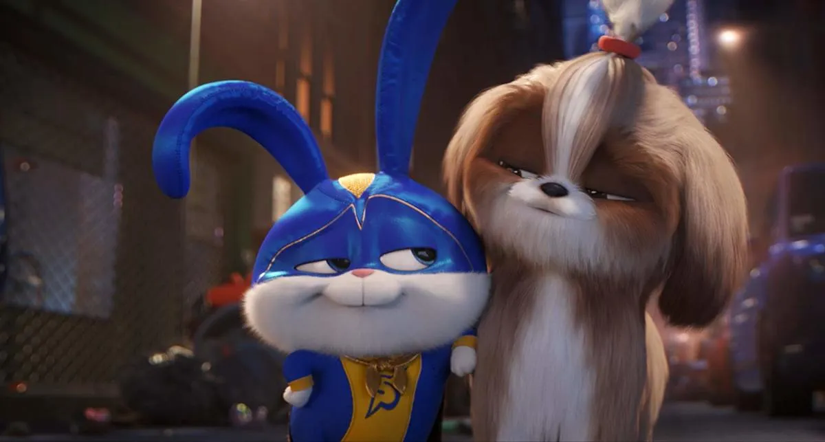 an animated bunny in a superhero outfit and a dog