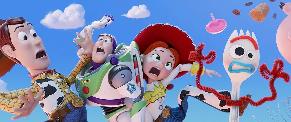 woody, buzz, jessie, and forky falling out of the sky