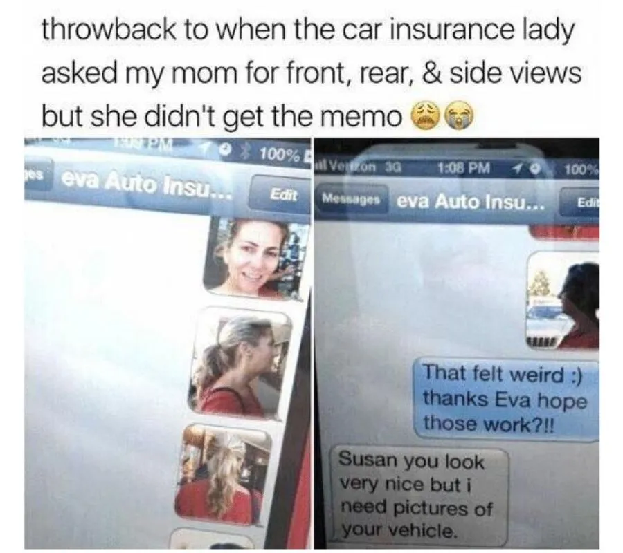 a woman sent pictures of herself to insurance company instead of her car