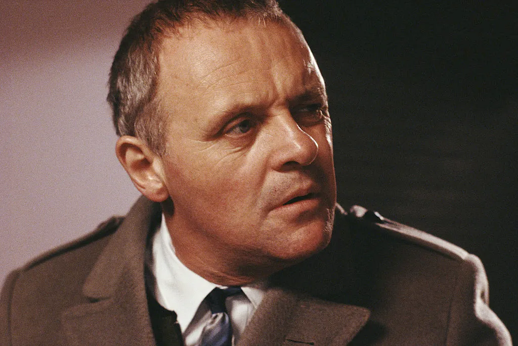Anthony Hopkins looks serious in a movie still.