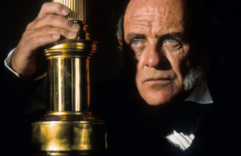 Anthony Hopkins looks serious.