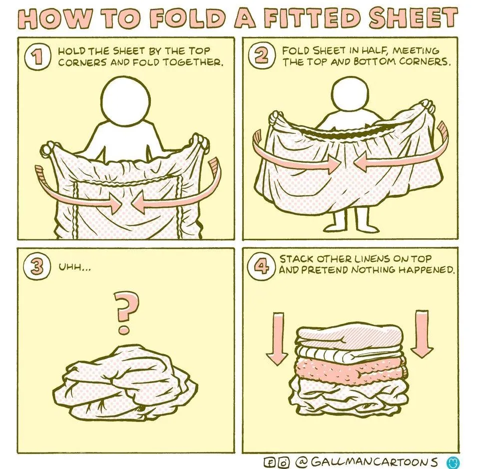 person jokes that no one ever does a good job folding a fitted sheet