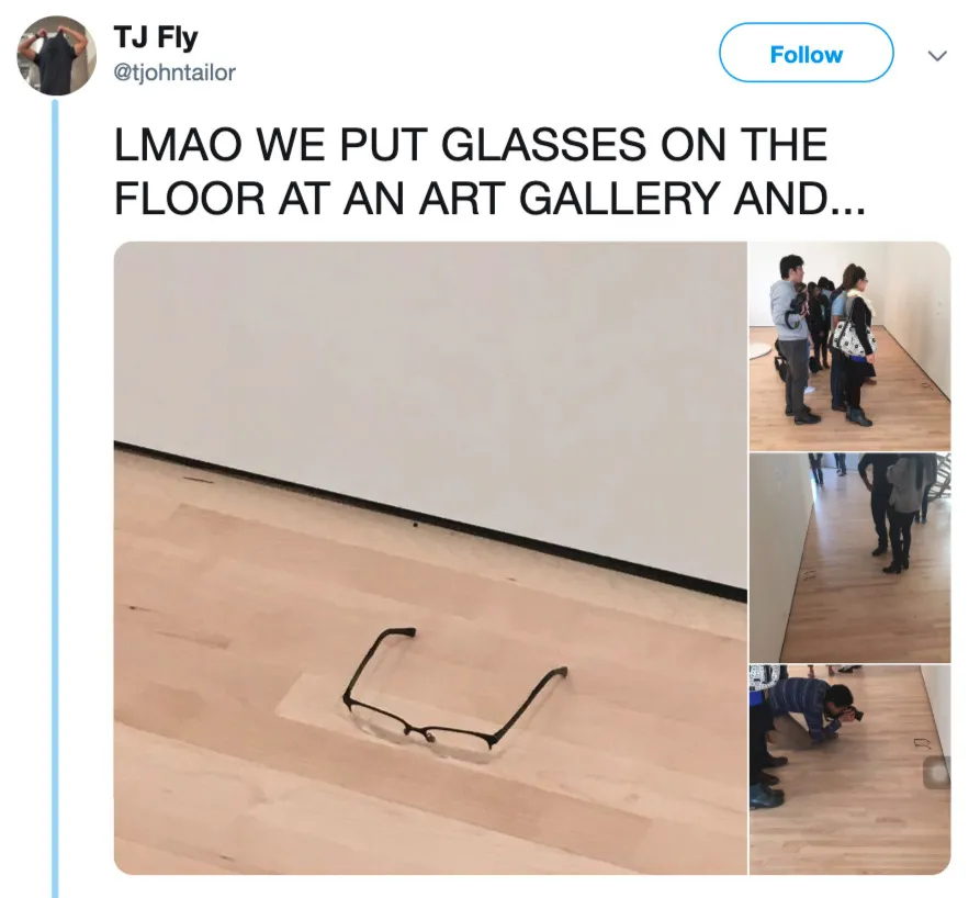 people thinking glasses on the ground are part of an art exhibit 