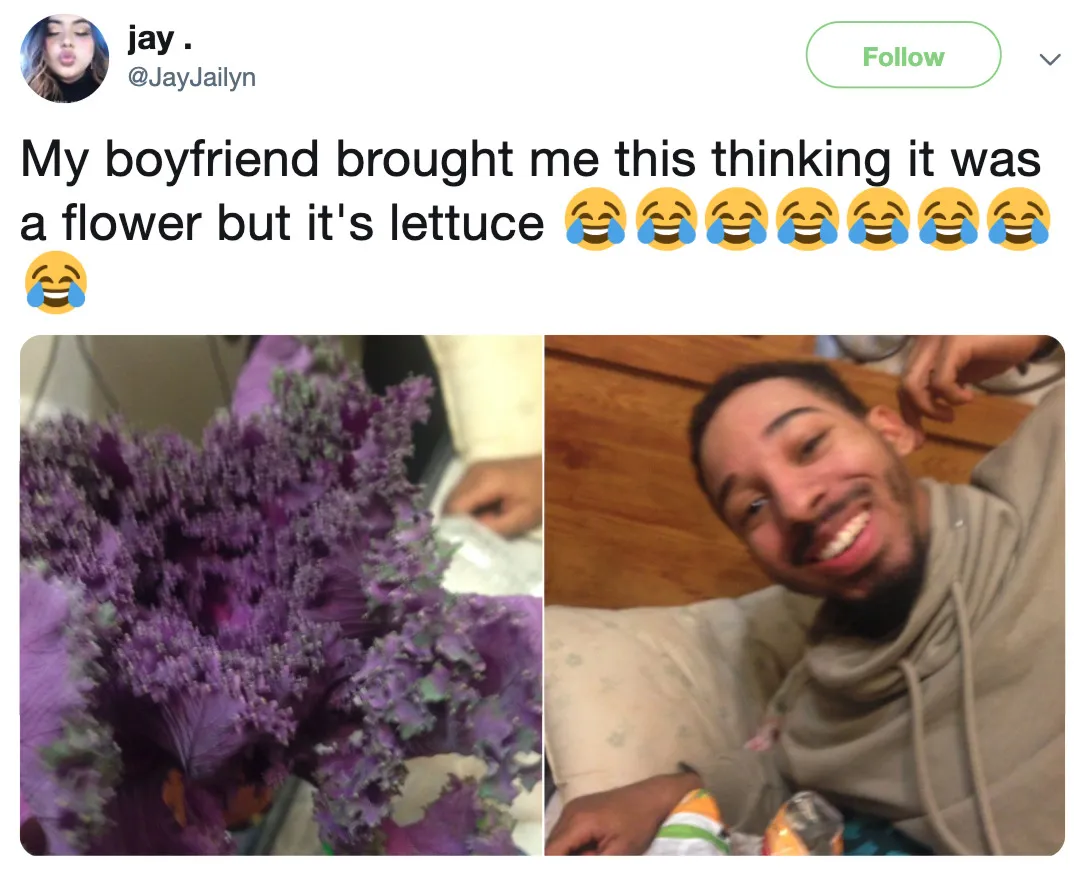 a boyfriend brought his girlfriend some lettuce thinking they were flowers