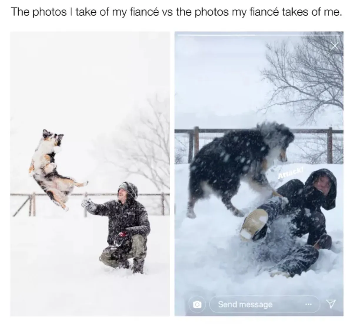 woman shows that she takes great photos of fiance and he takes horrid photos of her