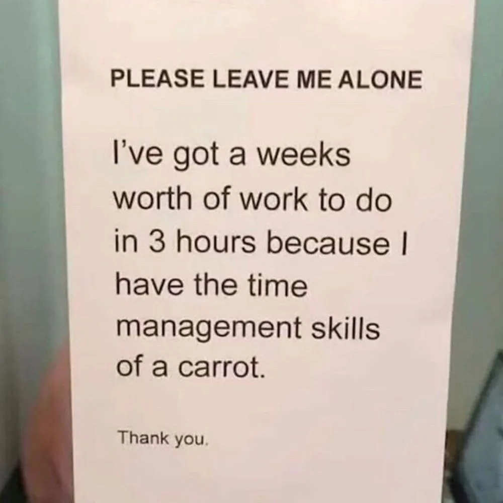 sign: please leave me alone. I've got a week's worth of work to do in 3 hours because I have the time management skills of a carrot. Thank you.